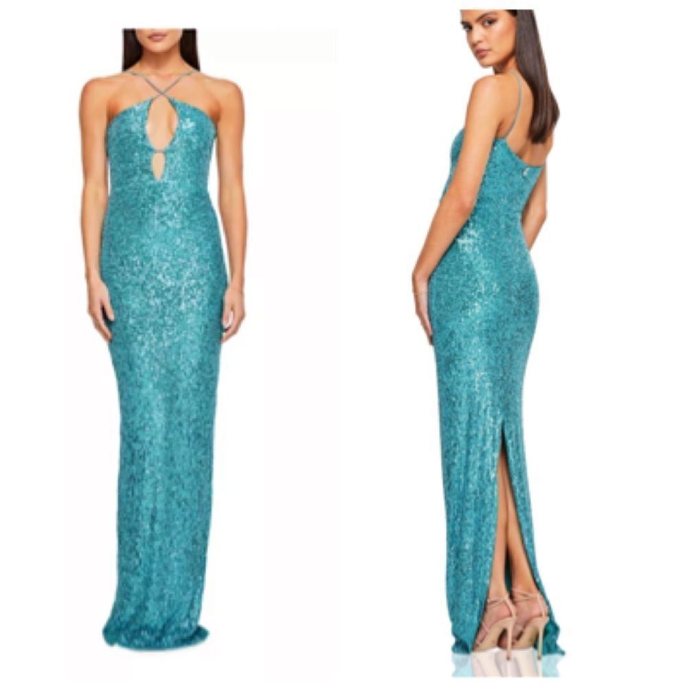Nookie Supreme Maxi Sequins Cutout Dress Large in Aqua Blue $370